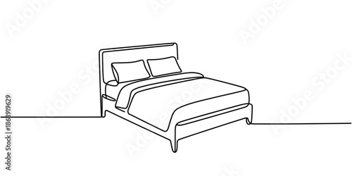 A minimalist line drawing of a neatly made bed with a simple headboard