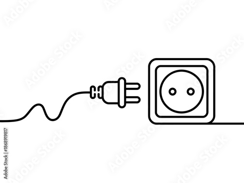 A simple black line drawing of an electrical plug and socket