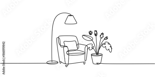 A minimalist living room with a single line drawing of a chair, lamp, and potted plant