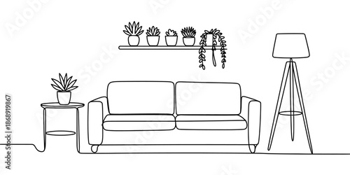 A minimalist living room with a couch, plants, and a lamp in a simple line drawing style.