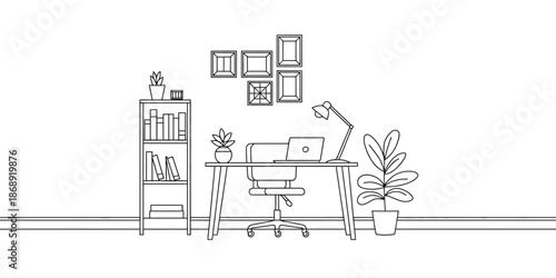 A minimalist home office setup with a desk, chair, and plants in a simple line drawing style