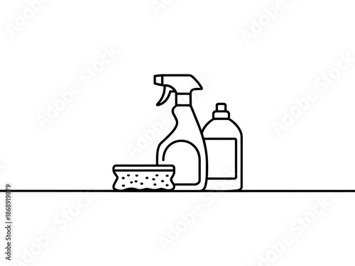 A simple line drawing of cleaning supplies on a shelf