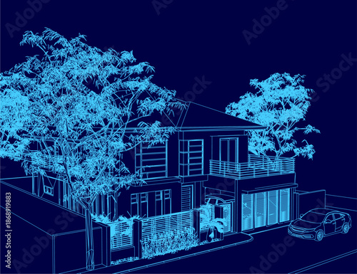 A blueprint of a house with a car parked in front sits within a landscaped urban area featuring trees and plants against a deep blue background.