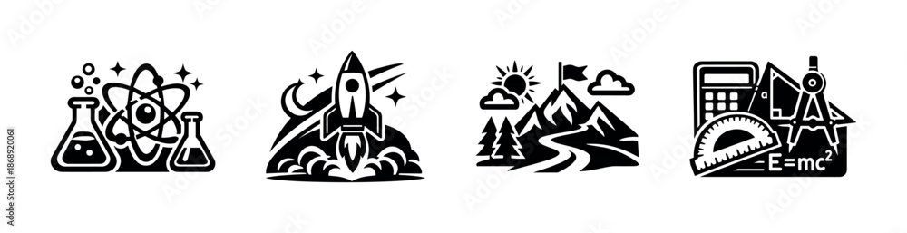 Fototapeta premium Science and education vector icons set: atoms, rocket, mountains, tools