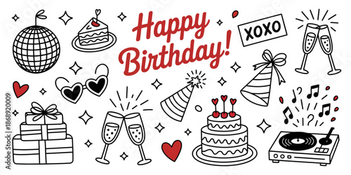 A festive illustration celebrating a birthday with various party symbols and decorations.