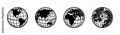 World globe vector icons set with different map projections and earth symbols