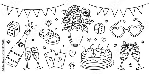 A black and white illustration of various Valentine's Day themed items including champagne, roses, and gifts.