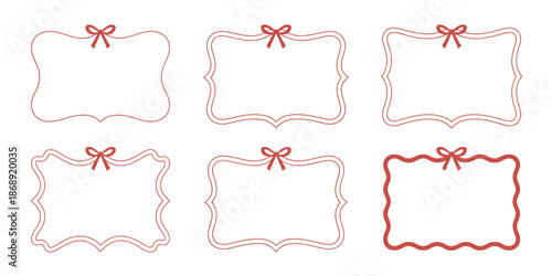 A set of red outlined labels with bows on a white background for decoration or organization