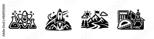 Science and education vector icons set: atoms, rocket, mountains, tools