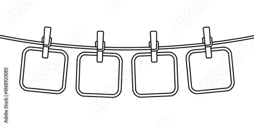 A minimalist line drawing of blank photo frames hanging from a clothesline with clips