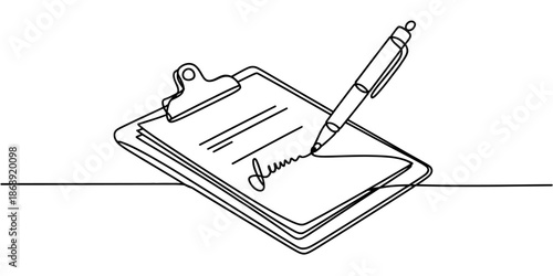 A simple line drawing of a pen signing a document on a clipboard