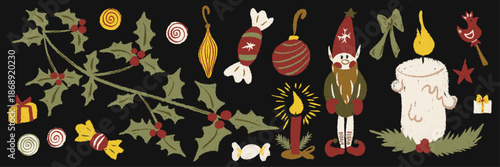 Vector Christmas elements set drawn with chalk, pastel, crayon pencil texture in naive childish doodle style. Holly branch, candy, elf, candle, baubles and gift boxes festive illustration isolated 