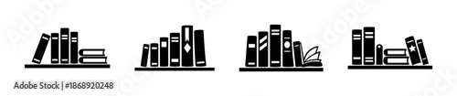 Bookshelf vector icons set: library and book symbols in solid style collection