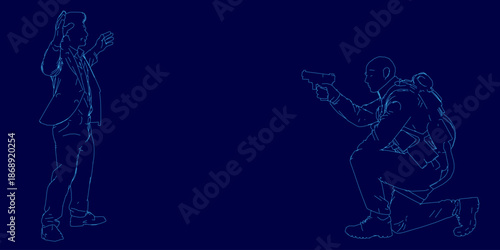 A kneeling police officer aims his pistol at a criminal who stands opposite with raised hands, illuminated by blue lines on a dark background.