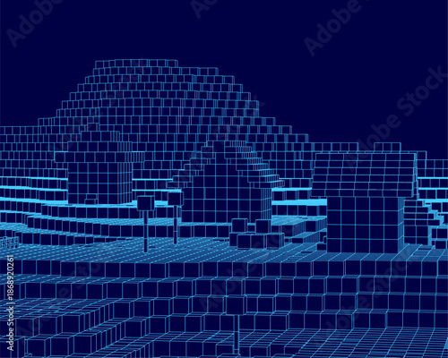 A low poly cityscape with a central pyramid stands on vast plains. This blue village is constructed from geometric cubes against a dark blue background.