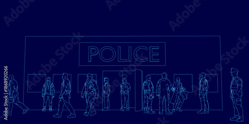 A posed line drawing of uniformed police officers standing in a row against a deep blue background. Some officers are holding guns, with the word "Police" displayed prominently in text.