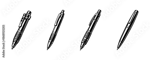 Ballpoint pen vector icons set: classic, retractable, ink pen designs