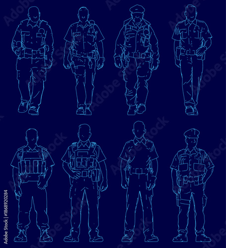 Male police officers in uniform stand in various poses with pistols and badges on a deep blue background, depicted in clean line art style.