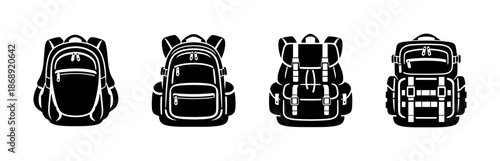 Backpack vector icons set. hiking, travel, and school bag symbols.