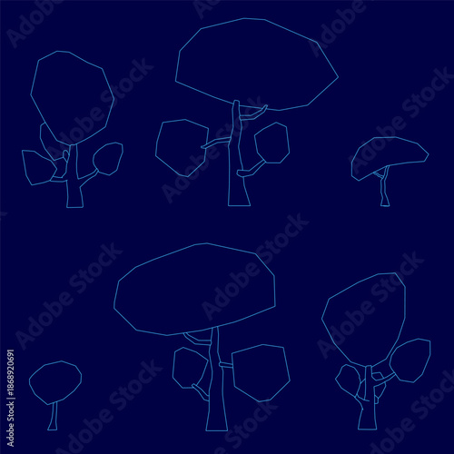 Low poly trees in a minimalist contour style form a cohesive collection. The stark white outlines contrast sharply against a deep blue background.