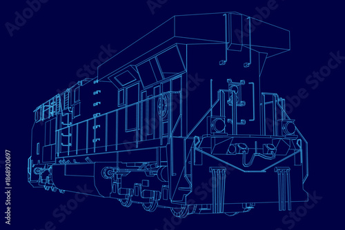 Detailed blueprint of a diesel locomotive on a solid blue background, featuring its mechanical contour and internal components.