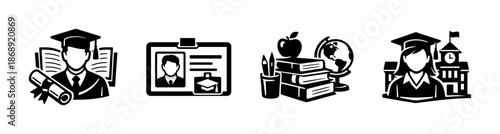 Graduation and education icons set: school, diploma, student, academia, learning