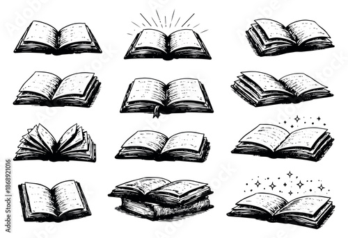 Hand drawn line art book illustrations set featuring open books with radiating light and magical stars for education and storytelling