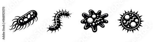 Microorganisms vector icons set: bacteria, virus, fungi, germs, biology symbols