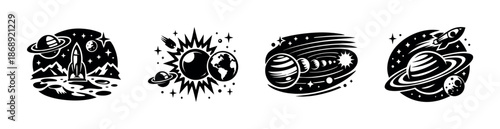 Space exploration vector icons set: planets, rocket, asteroid in black and white