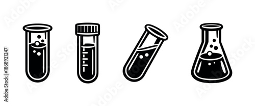 Laboratory glassware vector icons set: test tubes, beakers, scientific symbols