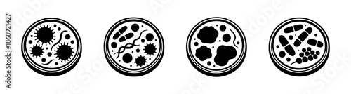 Bacteria vector icons set. microorganisms, germs, disease symbols in petri dishes