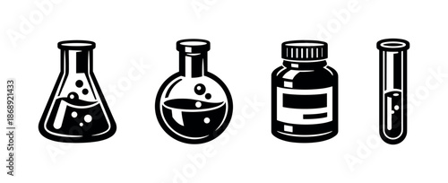 Science and laboratory equipment vector icons set with flasks and test tubes