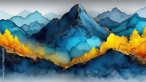 Blue and Yellow Gradient Mountain Background with Watercolor Ink Atmosphere and Energy Lightning