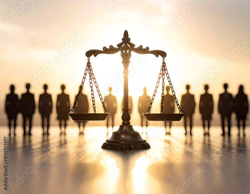 A powerful image of the scales of justice standing before a silhouette of people against a bright horizon, symbolizing fairness, equality, and legal principles in society
