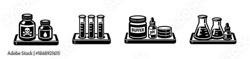 Laboratory chemical equipment vector icons set: bottles, test tubes, flasks, containers