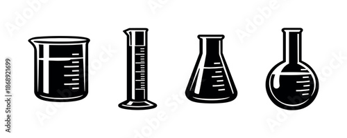 Chemistry vector icons set with lab glassware symbols, beakers, and flasks