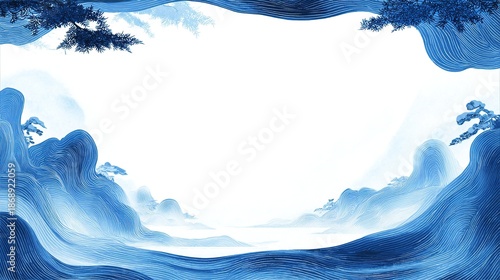 Abstract Blue Ink Landscape Background with Oval Water Waves and White Space for Text