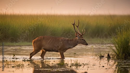 Majestic Deer Crossing a Shallow Water Body in a Natural Wetland Environment.