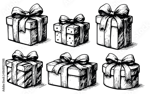 Hand drawn line art gift box set featuring decorated presents with bows for celebrations