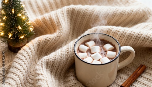Cozy hygge winter picture with hot chocolate and marshmallows in ceramic mug, warm knitted blanket, cinnamon sticks and Decorative Christmas Tree, festive holiday background with copy space.
