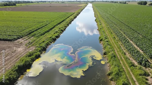 Aerial View of Irrigation Canal Reflecting Sky with Polluted Water Surface Surrounded by Farmlands on Sunny Day Environmental