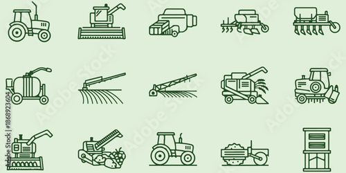 Agriculture machinery icons, farming and harvesting equipment line collection