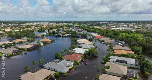 Flooded houses and cars from hurricane rainfall water in Florida residential community. Aftermath of natural disaster in USA south