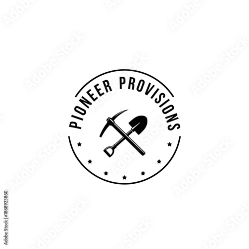 Pioneer Provisions logo with crossed pickaxe and shovel in a circular emblem.