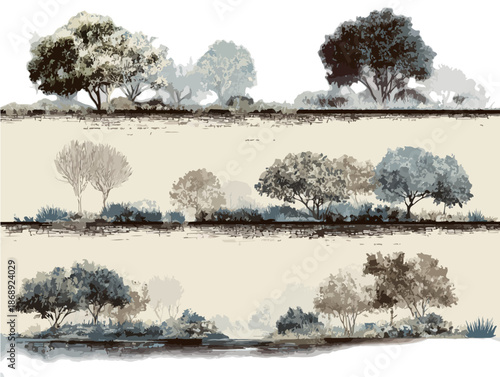 Ilustração vetorial de paisagens abstratas com árvores e arbustos em estilo aquarela, criando um design orgânico e transparente para fundos.