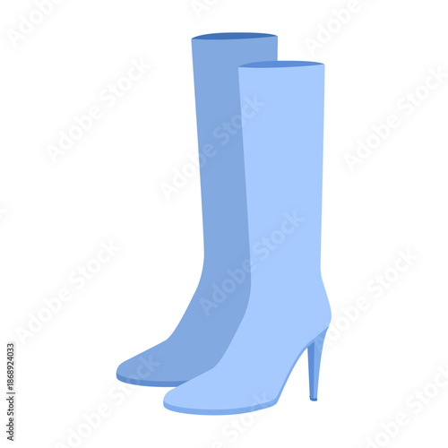 Blue stiletto heel knee-high shoes women color pair. Tall shaft with pointed heel for elegance, luxury look. Technical fashion illustration CAD mockup refined vector men unisex isolated modern style.