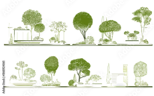 Ilustração vetorial de árvores e plantas verdes estilizadas, ideais para projetos de arquitetura paisagística e design urbano sustentável com fundo transparente.