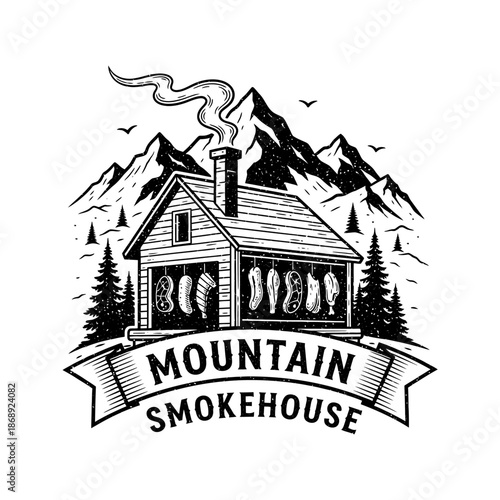 Rustic Mountain Smokehouse with Meats Hanging Inside.