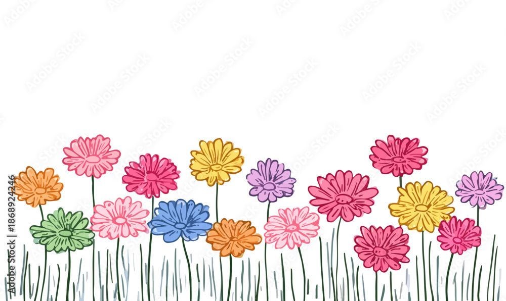 Obraz premium Ilustração vetorial de flores coloridas estilo desenhado à mão, ideal para designs de primavera com fundo transparente.
