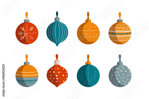 Coleção de oito enfeites de Natal vetoriais coloridos com padrões diversos, ideais para designs festivos em fundo transparente.